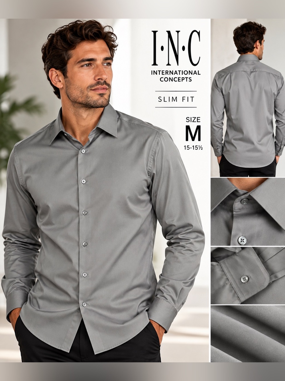 INC International Concepts Men's Slim Fit Gray Dress Shirt Sz M NWT Cotton